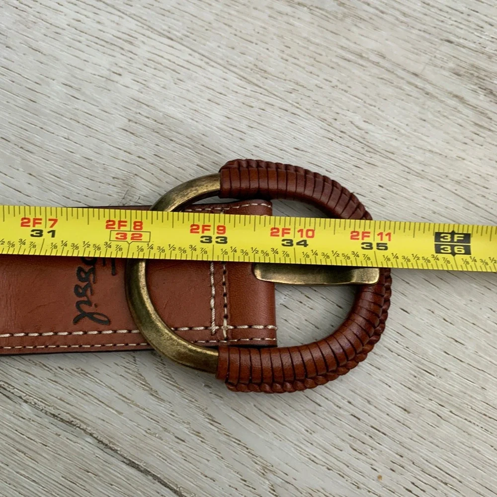 Fossil Womens Woven Stretch Belt Brown Leather Buckle Tan Straw BT3476200 Small
